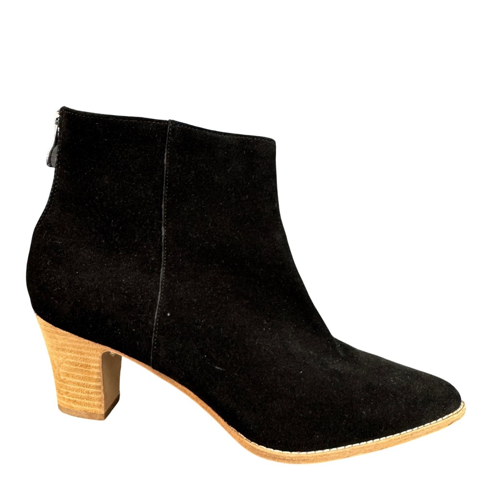 Bill Blass Black Suede Pointed Toe Ankle Boots Leather Sole Block Heel 9.5